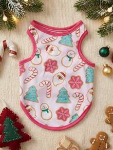 PETSIN 1pc Pink Cute Printed Pet Vest Suitable For Cats And Dogs, Featuring Snowman, Christmas Tree And Candy Prints - Multicolor - View 1