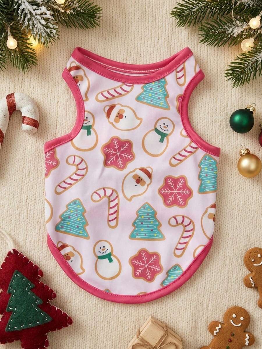 PETSIN 1pc Pink Cute Printed Pet Vest Suitable For Cats And Dogs, Featuring Snowman, Christmas Tree And Candy Prints - Multicolor - View 1