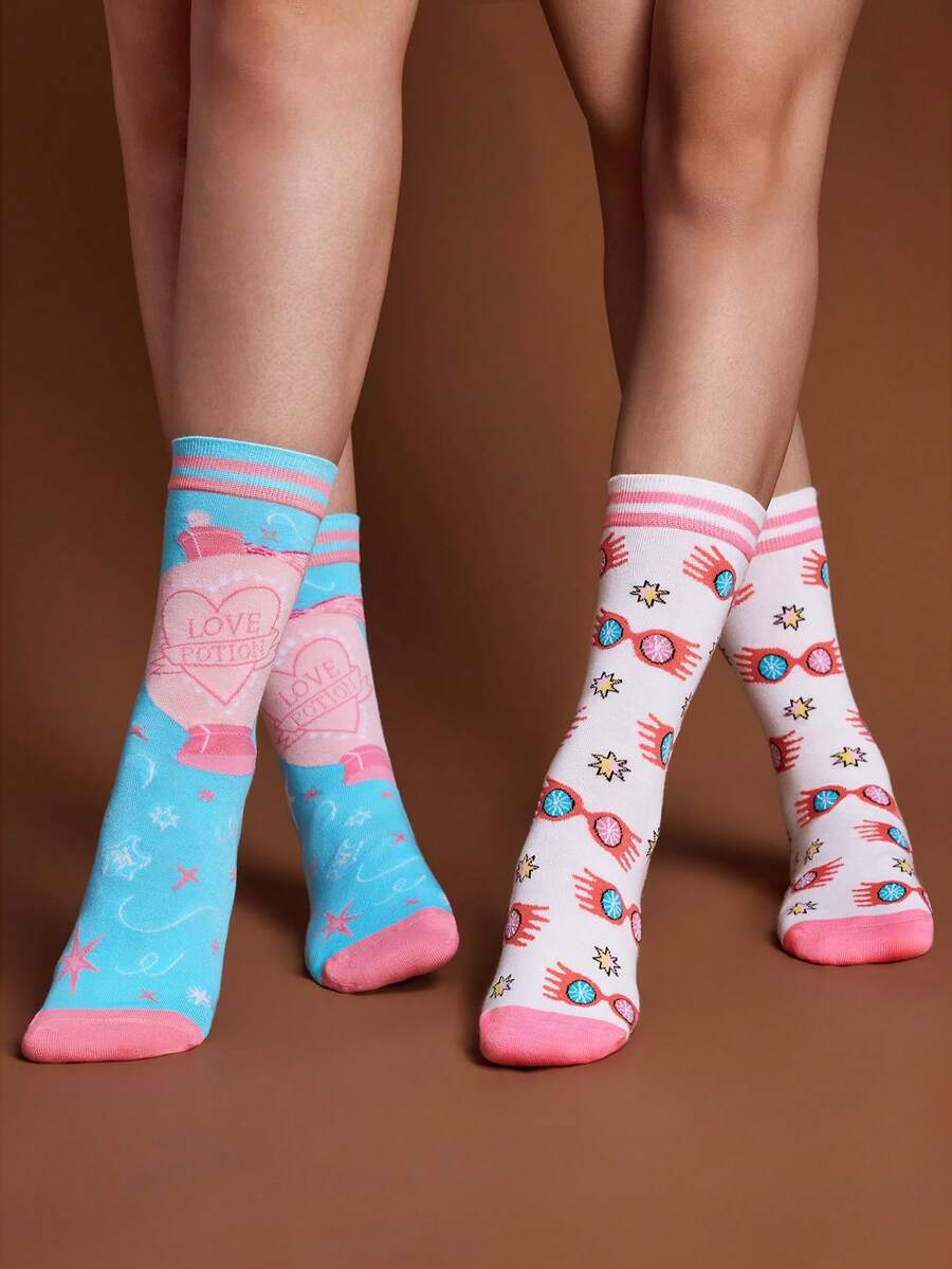 HARRY POTTER X SHEIN 女款中筒襪 2入組 - 混色 - 查看 1