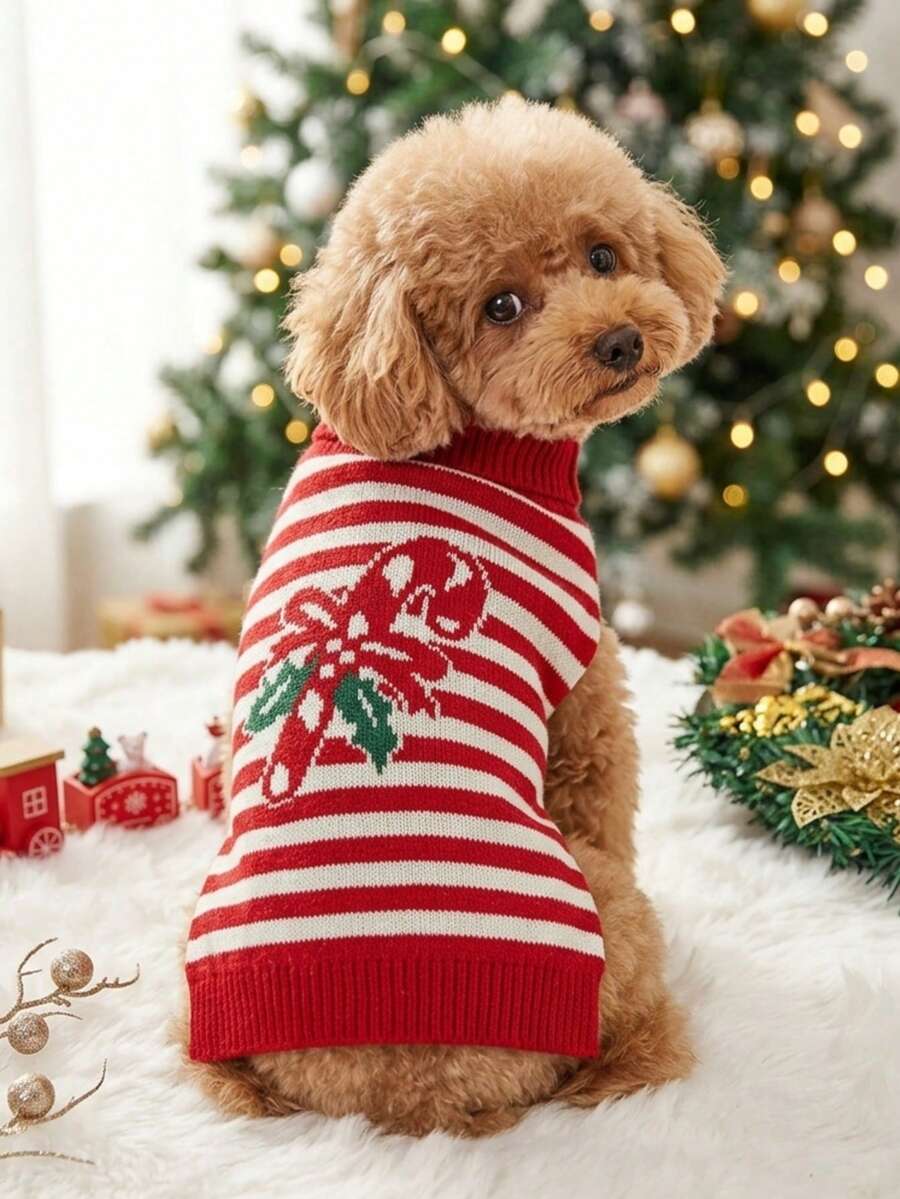 PETSIN 1pc Christmas Pet Cat Dog Universal Red And White Striped Jacquard Knitted Elastic Comfortable Christmas Candy Candy Cute Pattern Dog Christmas Sweater - Multicolor - View 1