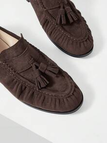 Mnmlis Women's Fashion Casual Fringed Pleated Comfortable Loafers - Coffee Brown - View 4