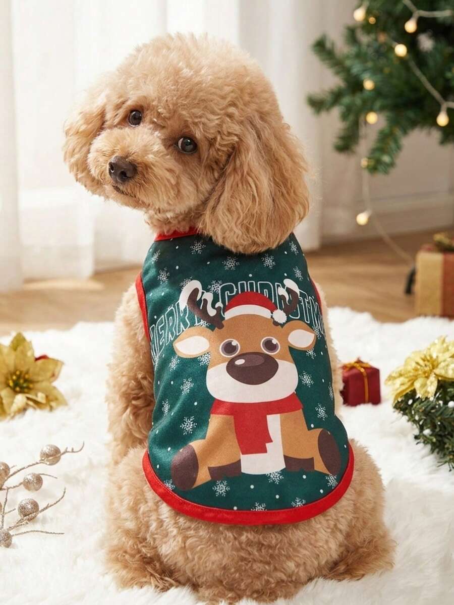 PETSIN 1件裝聖誕鹿圖案綠色寵物背心,聖誕造型,休閒風格,保暖透氣柔軟的寵物衣 - 彩色 - 查看 1