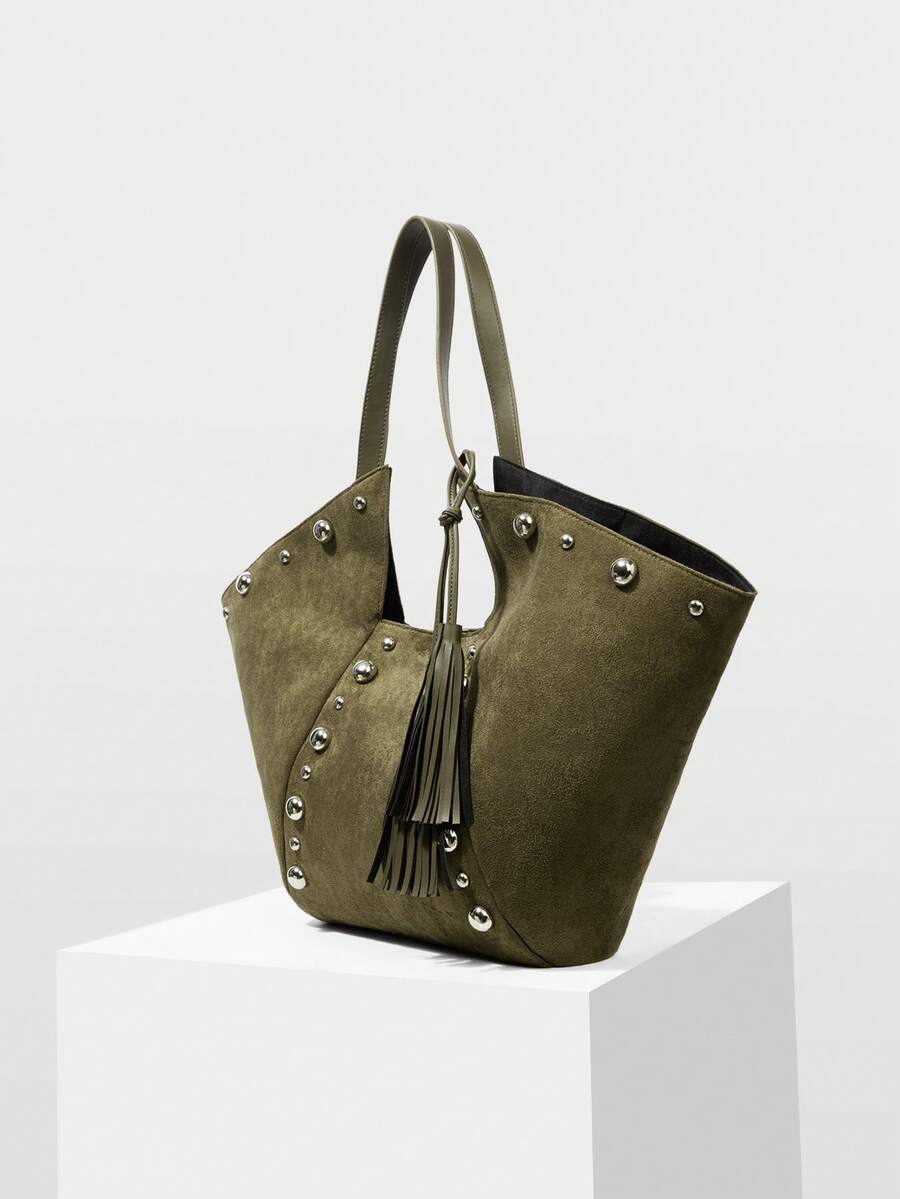 MOTF LADIES FASHION VINTAGE OLIVE GREEN SUEDE RIVET TOTE BAG, LARGE CAPACITY CASUAL SHOULDER BAG FOR DAILY, COMMUTING, SHOPPING, VACATION, TRAVEL - Olive Green - View 2