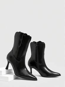 CUCCOO SZL Women's Shoes With Wavy Lace, Pointed Thin High Heels, Versatile Autumn And Winter Style, Temperament Short Boots - Black - View 1