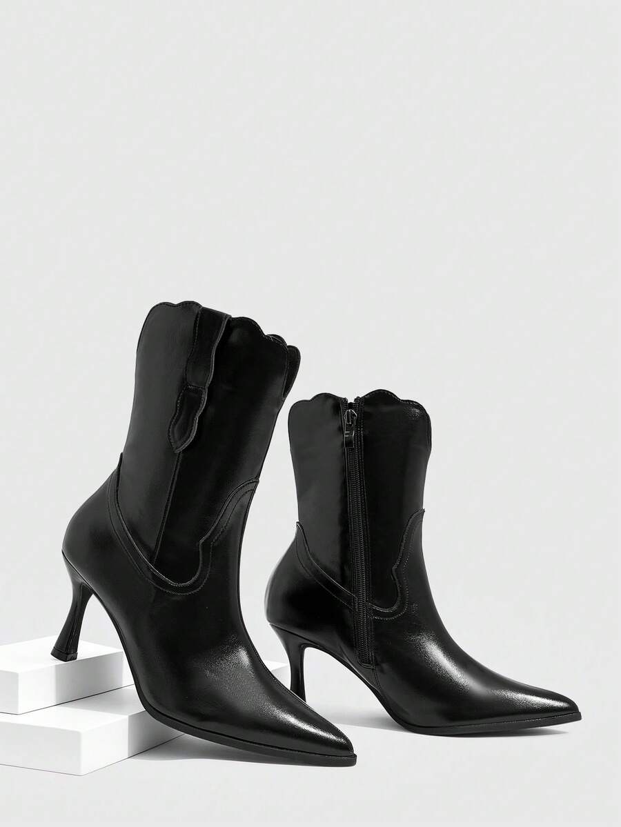 CUCCOO SZL Women's Shoes With Wavy Lace, Pointed Thin High Heels, Versatile Autumn And Winter Style, Temperament Short Boots - Black - View 1