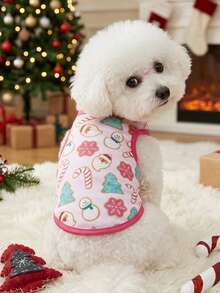 PETSIN 1pc Pink Cute Printed Pet Vest Suitable For Cats And Dogs, Featuring Snowman, Christmas Tree And Candy Prints - Multicolor - View 5