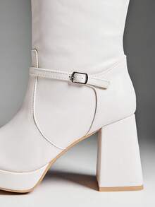 SHUZIA Women's Stylish & Comfortable Block Heel Knee-High Boots With Metal Buckle Decor For Christmas Valentine's Day - White - View 5