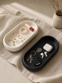 2 Pieces/1 Piece, Plastic Oval Storage Tray, Minimalist Black Or Cream White Striped Design With Elevated Curved Edge, Versatile Jewelry, Cosmetics, Keys And Coin Storage Case - Multicolor - View 9