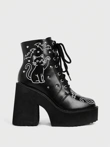 Sugerpunk Women's Thick-Heeled Short Boots, Punk Style Gothic Cool Black Bat Play Cat Embroidery, Rivet Inlay, Side Zipper Dark Strap-On Short Boots - Black - View 2