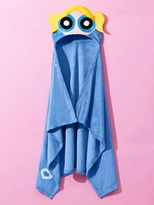 THE POWERPUFF GIRLS X SHEIN 小女警刺繡抓絨連帽穿戴式毯，居家 Cosplay，春/冬季 - 藍色 - 查看 4