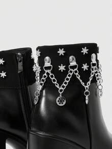ROMWE Women's Autumn/Winter Punk-Style Retro Chunky Heel Platform Ankle Boots, Gothic Solid Color Leather Side Zip Closure With Metal Buckle Strap. - Black - View 6