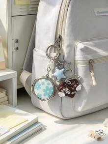 1pc Cute Floral Print Compact Mirror Keychain, Double‑Sided Folding Pocket Mirror With Heart‑Shaped Pendant, Portable Mini Makeup Mirror For Bag Decoration - Multicolor - View 2