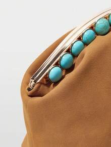 MOTF WOMEN'S FASHION BROWN CLUTCH BAG, RETRO TURQUOISE GREEN CRACKED BEAD CLIP BAG, FOR DAILY, SHOPPING, VACATION, TRAVEL - Brown - View 7