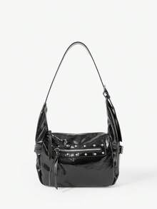 Viva Strut Ladies Shoulder Bag, Large Capacity, Rivet Decoration, Sweet And Cool Spice Girl Y2K, Zipper Closure, Adjustable Shoulder Strap, Suitable For Daily Sh - Black - View 1