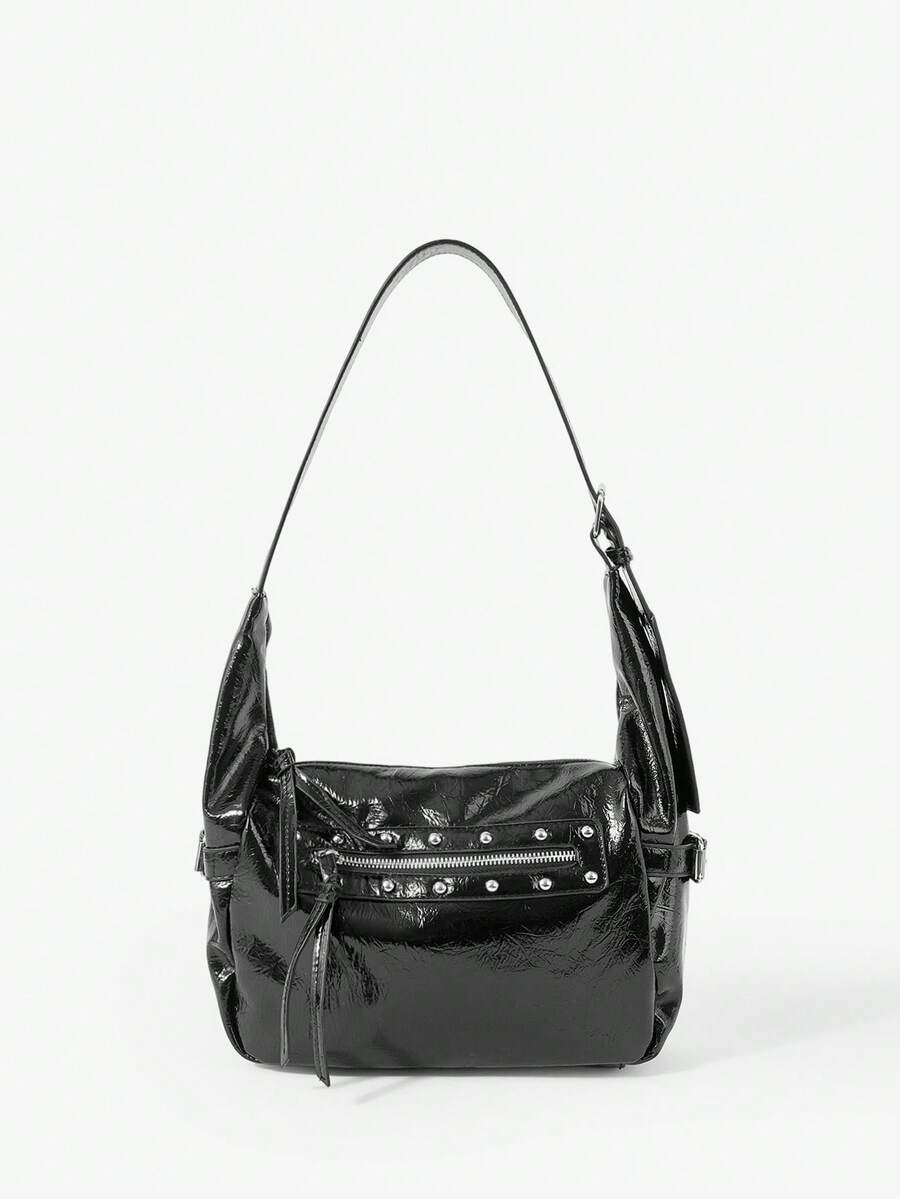 Viva Strut Ladies Shoulder Bag, Large Capacity, Rivet Decoration, Sweet And Cool Spice Girl Y2K, Zipper Closure, Adjustable Shoulder Strap, Suitable For Daily Sh - Black - View 1