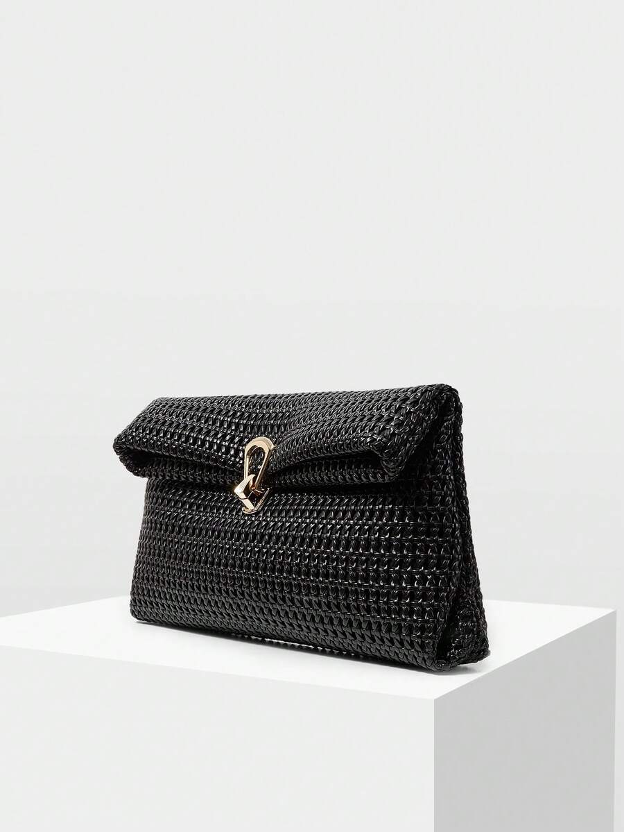 MOTF PREMIUM FASHION WOMEN BLACK WOVEN CLUTCH BAG, FLAP WITH METAL TWIST LOCK, DETACHABLE GOLD CHAIN STRAP, IDEAL FOR COMMUTE AND SHOPPING - Black - View 2