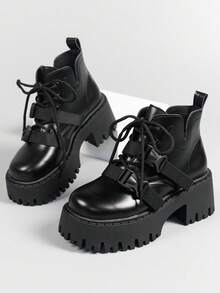 ROMWE Goth 女士系带厚底牛津鞋，朋克户外时尚靴子，适合圣诞节和新年假期 - 黑色 - 查看 2
