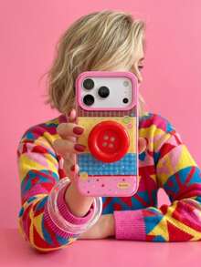 ShellaStory Frost Rose Children's Patch Button + Red Button Stand Colorful Polka Dot Button Patch Compatible With Apple 18pm Phone Case Phone 17 Stand 16 Dopamine 14 Adhesive Fashion, Unique, Girl, Creative, Geometric, Korean Style, Simple Style, Collage Style, Niche, Ins Style - Rose Red - View 2