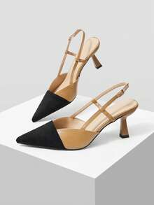 Mnmlis Color Matching Pointed Toe, Thin High Heel, Empty Sandals, Nude Leather Surface, Black Matte Toe Head, T-Shaped Thin Belt, Adjustable Buckle - Apricot - View 1