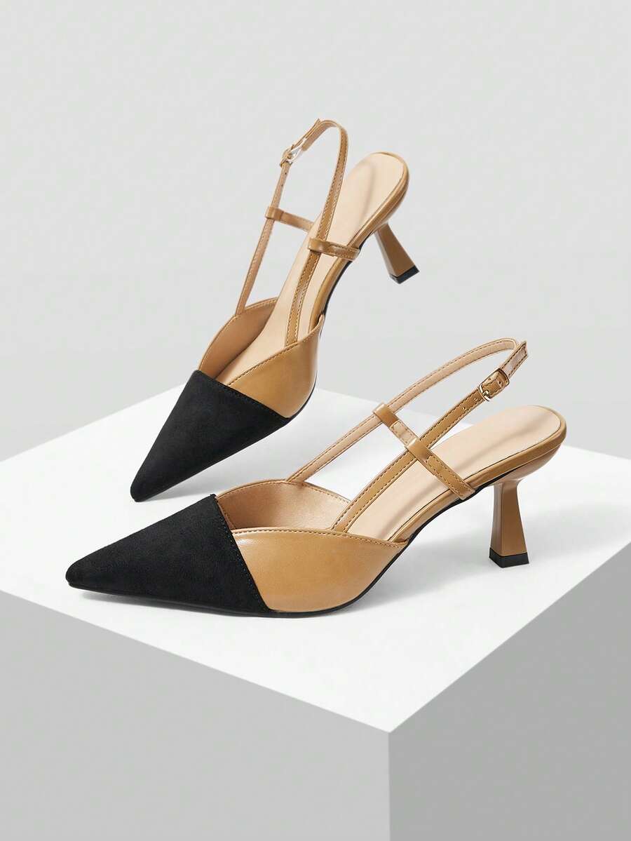 Mnmlis Color Matching Pointed Toe, Thin High Heel, Empty Sandals, Nude Leather Surface, Black Matte Toe Head, T-Shaped Thin Belt, Adjustable Buckle - Apricot - View 1