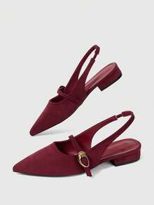 Sleekvia New French Retro Burgundy Suede Pointed Back Empty Sandals Women's Metal Buckle Thin Strap Back Strap Closed Toe Shoes - Burgundy - View 6