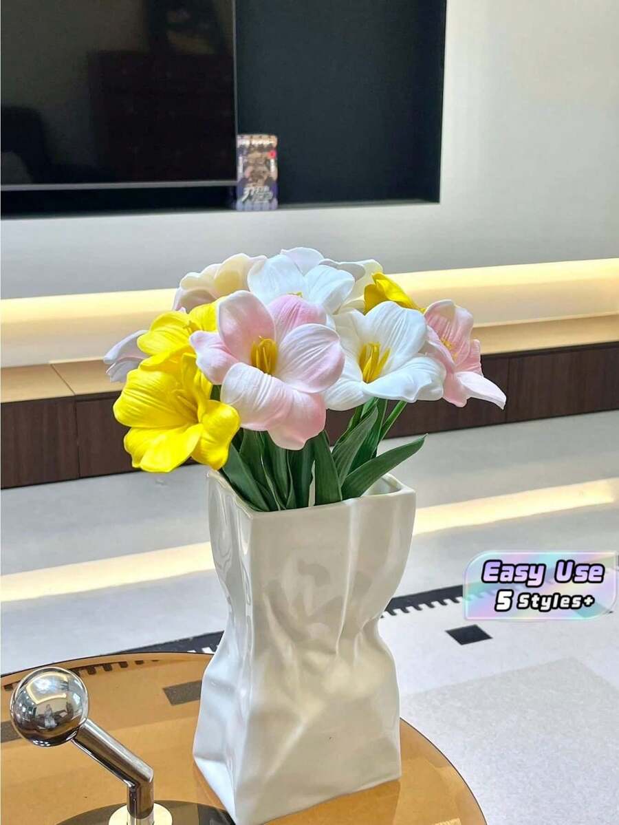 6/12Pcs Optional Brownie Open Tulip Artificial Flowers, Realistic PU Faux Tulips, Nordic Simple Style For Living Room Bedroom Tabletop Decoration - Five tablets - View 1