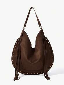 Maija Women's Fashionable Simple Elegant Versatile Retro Dark Coffee Color Suede Tassels Gold Rivets Decorative Shoulder Bag, Daily Commuting Shopping - Dark coffee - View 5