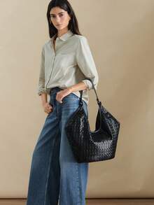 Wovira Women's Shoulder Bag, Tote Bag, Hand-Woven Bag, Retro Old Money Style, Casual Large-Capacity Matching, Soft Texture, Suitable For Shopping And Commuti - Black - View 8