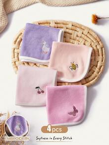 Cozy Pixies 4-Pack Baby Embroidered Butterfly Cherry Cute Pattern Washable Small Square Towel, Easy To Clean, Skin-Friendly And Comfortable, Made Of Towel Materia - Multicolor - View 1