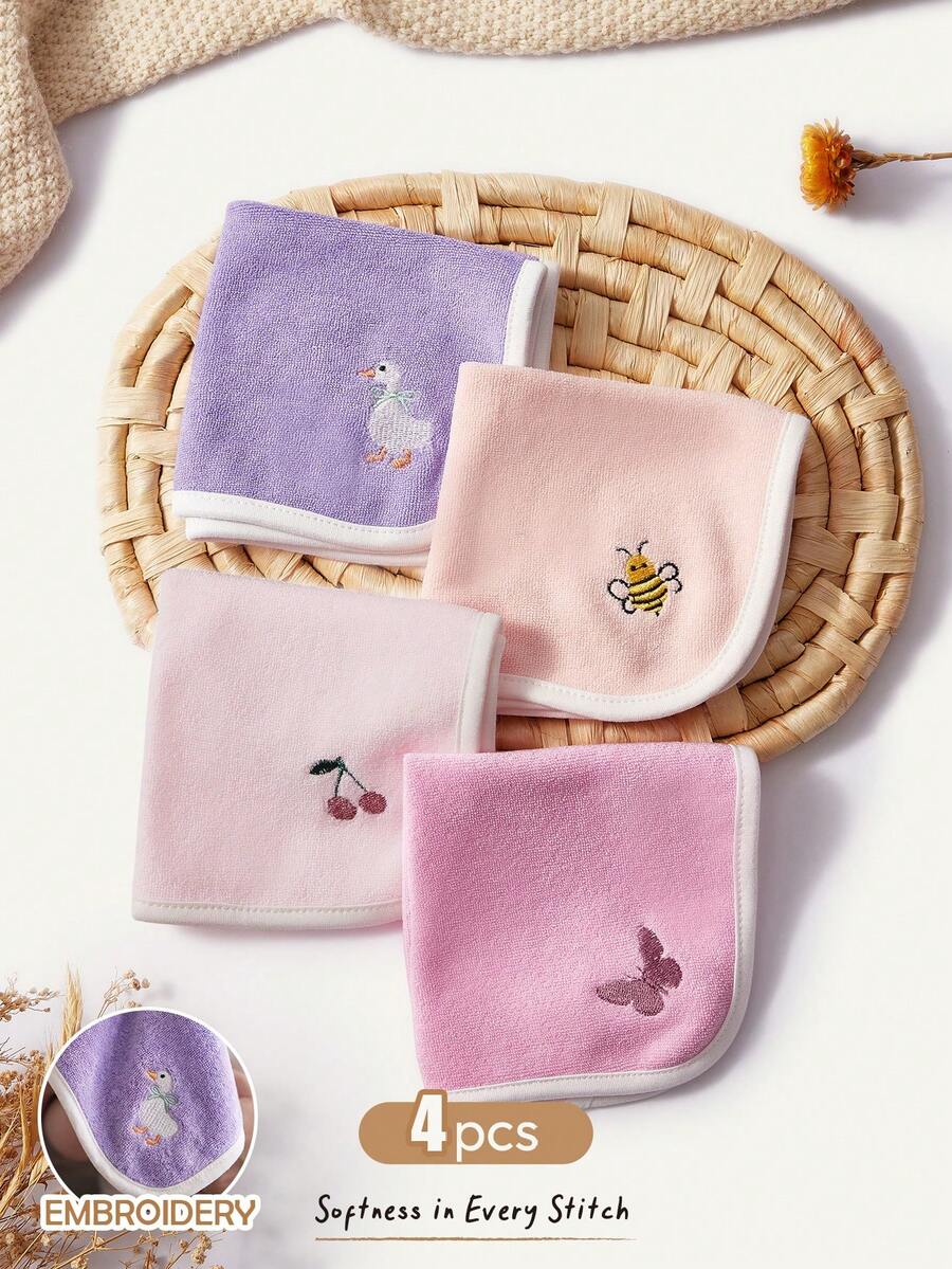 Cozy Pixies 4-Pack Baby Embroidered Butterfly Cherry Cute Pattern Washable Small Square Towel, Easy To Clean, Skin-Friendly And Comfortable, Made Of Towel Materia - Multicolor - View 1