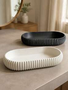 2 Pieces/1 Piece, Plastic Oval Storage Tray, Minimalist Black Or Cream White Striped Design With Elevated Curved Edge, Versatile Jewelry, Cosmetics, Keys And Coin Storage Case - Multicolor - View 15