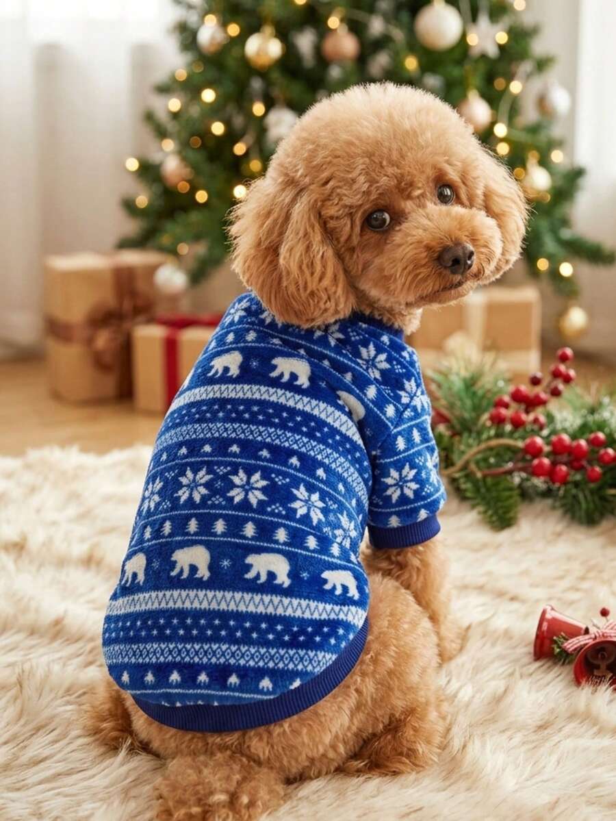 PETSIN 1 Pc Christmas Blue & White Flannel Cute Print Pet Sweatshirt - Multicolor - View 1