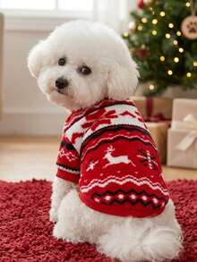 PETSIN 1pc Pet Christmas Red Reindeer Geometric Fair Isle Pattern Flannel Warm Cozy Crew Neck Dog Sweatshirt - Multicolor - View 1