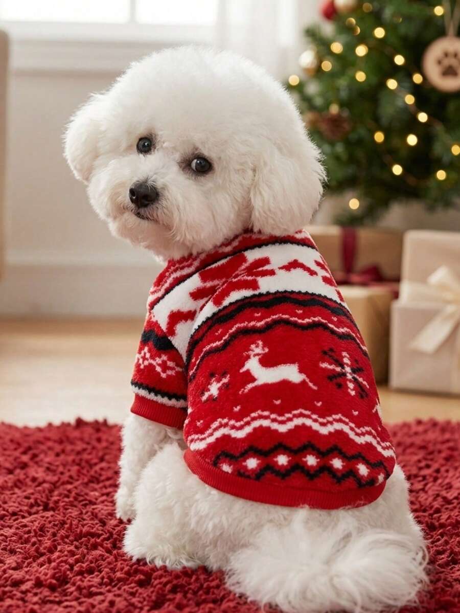 PETSIN 1pc Pet Christmas Red Reindeer Geometric Fair Isle Pattern Flannel Warm Cozy Crew Neck Dog Sweatshirt - Multicolor - View 1