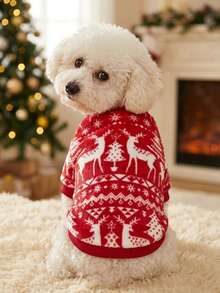 PETSIN 1pc Pet Red Geometric Fairisle Pattern Fleece Warm Red Crew Neck Dog Sweatshirt - Multicolor - View 2