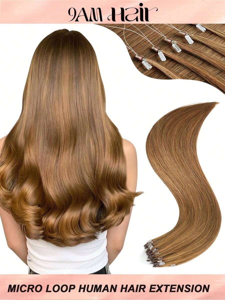50 Strands Micro Loop Hair Extensions Real Human Hair, 6# Light Brown Microbead Design, Ultra‑Smooth & Super‑Soft Silky Straight Healthy Texture, Premium Remy Hair, Easy Installation, Ideal For Women Daily Hair Volume Boosting And Hairstyle Upgrading - S6 - View 1