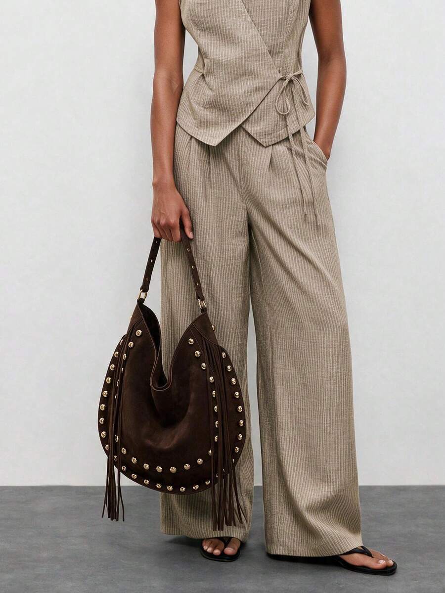 Maija Women's Fashionable Simple Elegant Versatile Retro Dark Coffee Color Suede Tassels Gold Rivets Decorative Shoulder Bag, Daily Commuting Shopping - Dark coffee - View 1