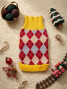 PETSIN Vintage Argyle Pet Sweater, Diamond Plaid Knit Pullover, Winter Warm Clothes For Small Puppy Kitten - Red - View 4