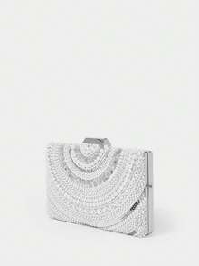 SHECARRY Ladies Fashionable Elegant Classic Versatile Pearl Sequins Beaded Clutch Box Dinner Bag, Party Date Banquet Wedding Afternoon Tea - Silver - View 3