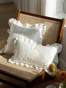 Pack Of 1, Pure White Ruffle Trim, Embroidery, Hollow, Embroidery, Decorative Pillow Pillowcase - Multicolor - View 6