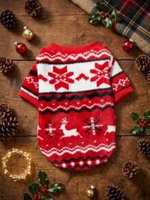 PETSIN 1pc Pet Christmas Red Reindeer Geometric Fair Isle Pattern Flannel Warm Cozy Crew Neck Dog Sweatshirt - Multicolor - View 2
