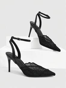 CUCCOO SZL Spring And Summer New Pointed Mesh Shoes Embroidered Thread Breathable, Refreshing, Romantic, Elegant And Sexy High-Heeled Single Shoes, Thin Heels, P - Black - View 1