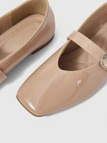 Sleekvia 新款法式復古瑪麗珍女鞋 漆皮方頭 扣飾 軟底 平底 低鞋口 通勤鞋 黑色 N - 裸色 - 查看 4