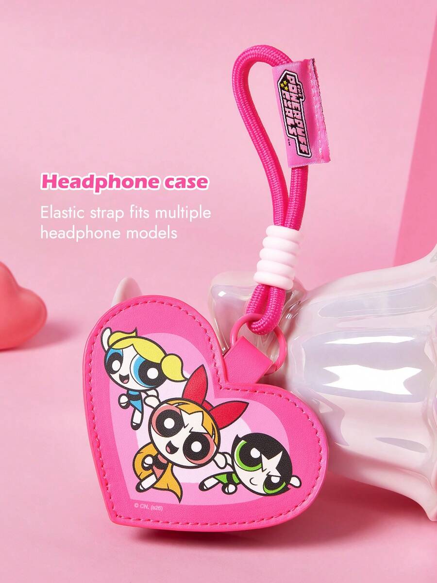 THE POWERPUFF GIRLS X SHEIN 愛心造型耳機收納包，橡皮筋結構設計，相容多款耳機，附掛繩方便攜帶，可收納 - 玫紅色 - 查看 1