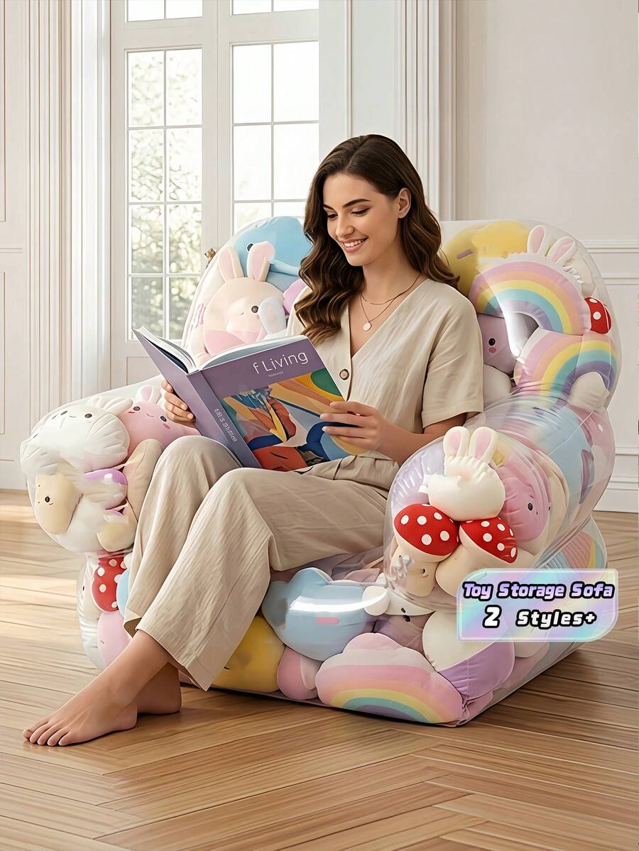 Large DIY Stuffed Toy Storage Sofa, Transparent PVC Bean Bag Chair With Double Zipper, Extra Large Thickened Foldable Toy Organizer Bed With Soft Cushion Seat, Visible Storage Ottoman For Playroom Bedroom Living Room,Reusable Material - White - View 1