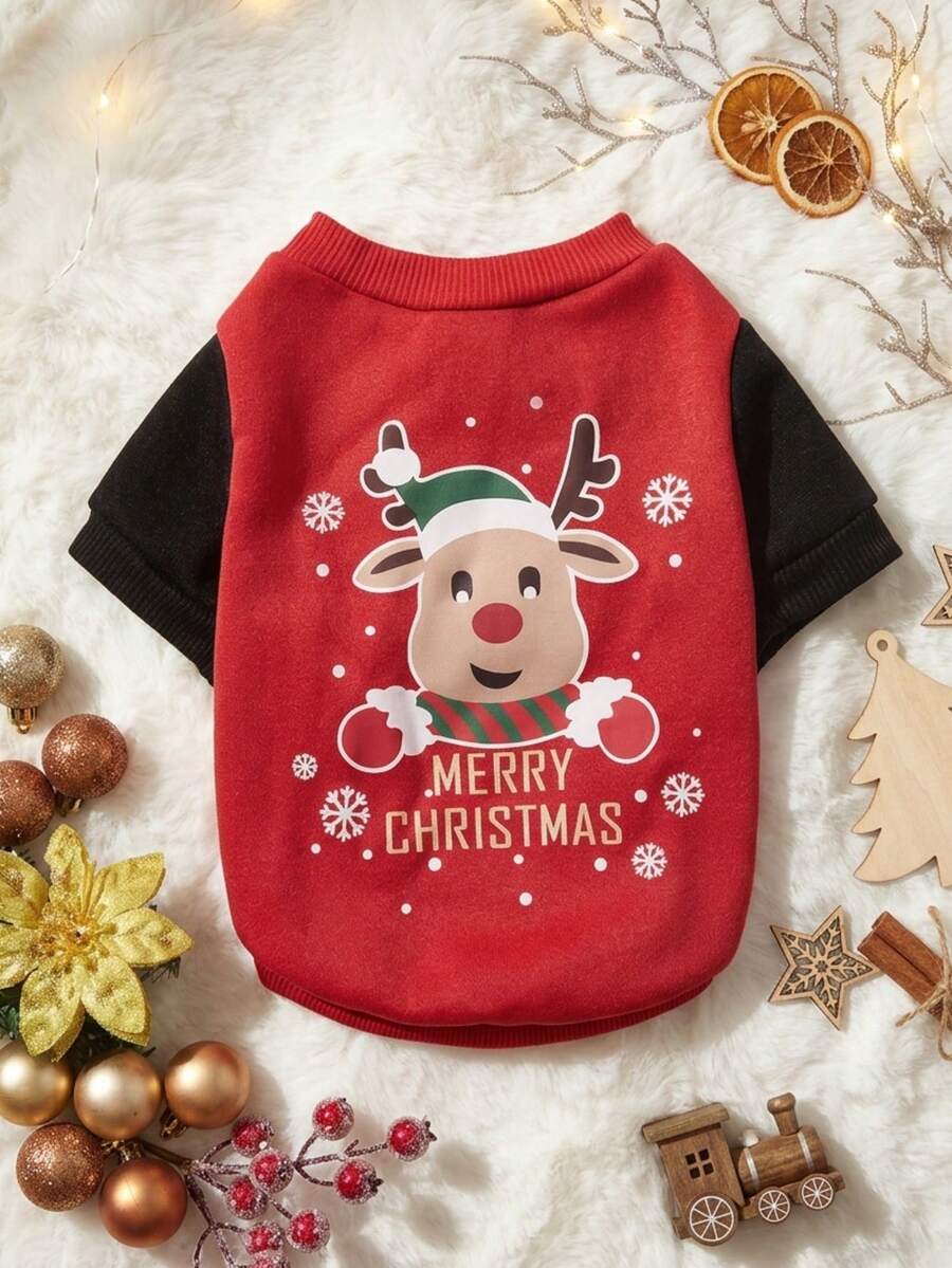 PETSIN 1pc Pet Christmas Reindeer "Merry Christmas" Cute Print Red Fleece Warm Sweatshirt - Multicolor - View 1
