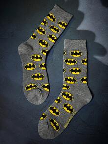 BATMAN X SHEIN 1 Pack Cartoon Pattern Black Crew Socks For Men And Women - Grey - View 5