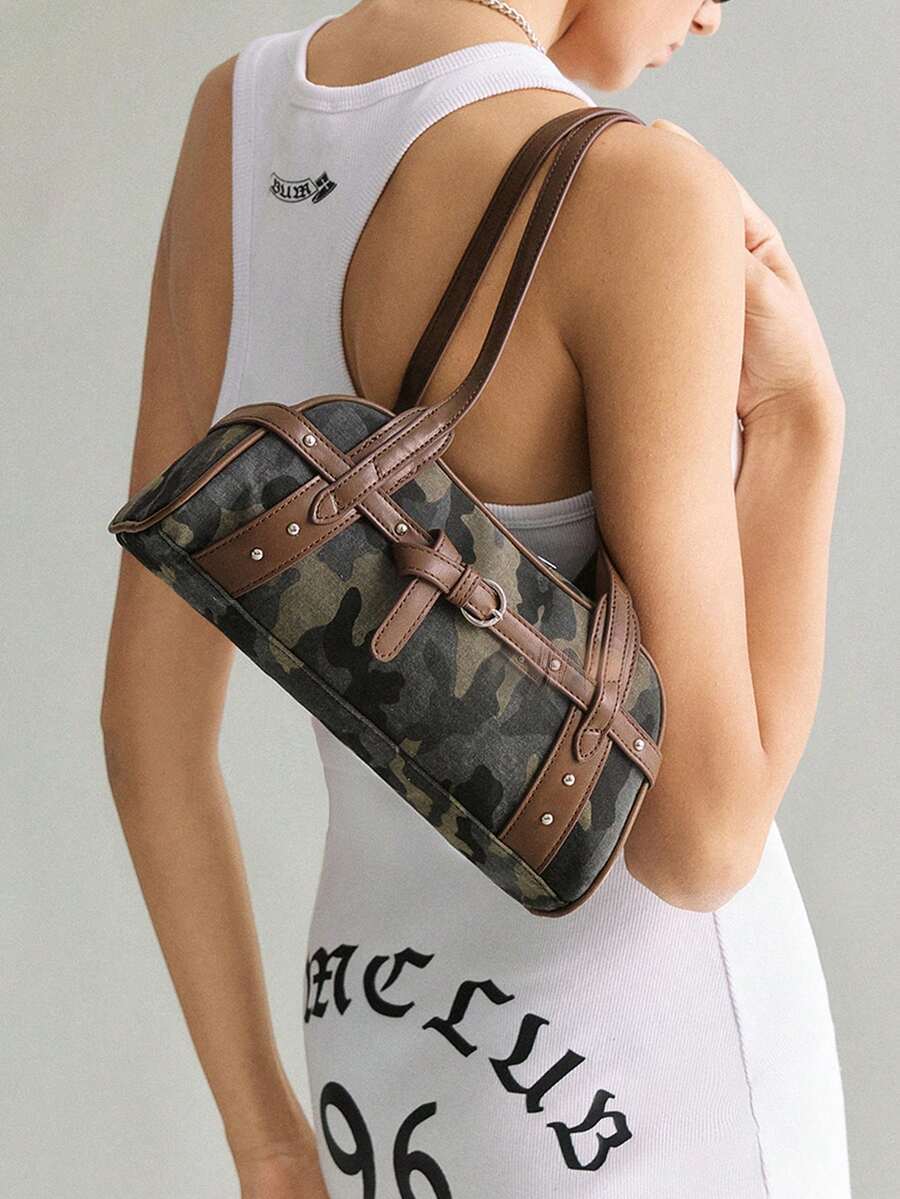 Viva Strut Ladies Shoulder Bag, Brown Rivet Strap Design Boston Bag, Star Pendant Pendant, Sweet And Cool Hot Girls Y2K Street Style, Daily Shopping Party - camouflage - View 1