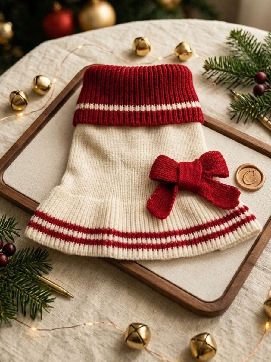 PETSIN 1pc Red And White Striped Knitted Pet Yarn Skirt, Fold Over Collar, Three-Dimensional Knitted Bow, Ruffle Edge Warm Dog Sweater, Suitable For Small Cats And Dogs In Autumn And Winter, Suitable For Daily Walking, Home, Christmas Dressing - burgundy strips - View 1