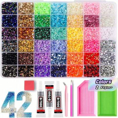 Juego de 42 colores/3mm de cristales de strass de espalda plana, kit de strass de gelatina multicolor hecho a mano DIY con bandeja de clasificación, adecuado para decoración de tazas hechas a mano DIY, decoración de zapatos con strass, pintura de diamantes